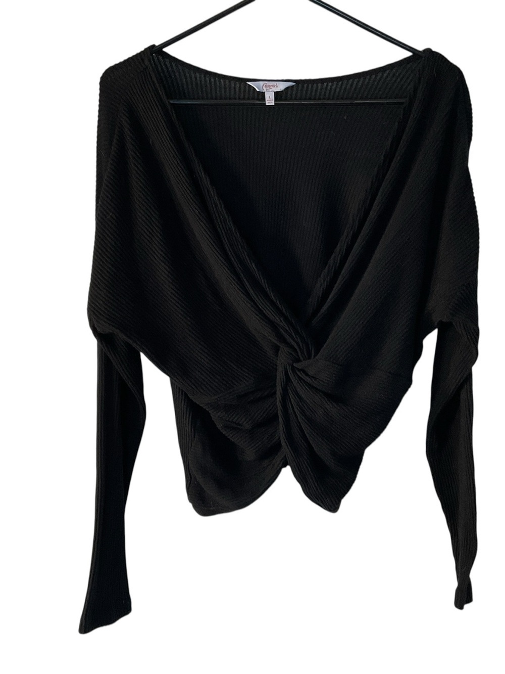 Candie's Black Ribbed Twist-Front Long Sleeve Top